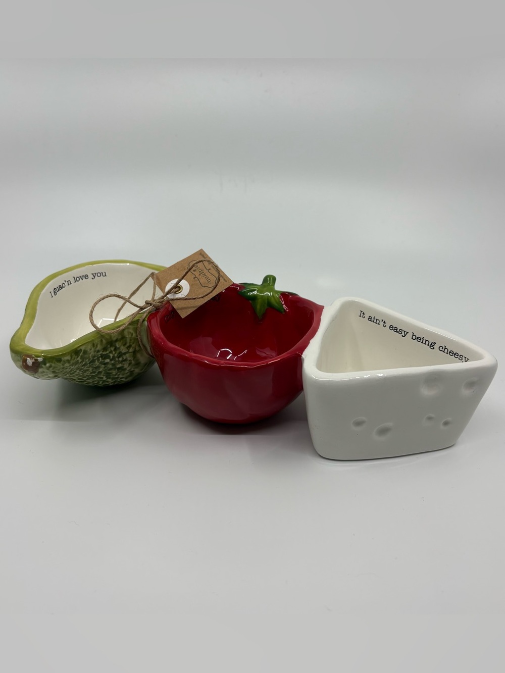 Mud Pie Guac Salsa Queso Dipping Bowl Set Serving Party Ceramic Red Green White